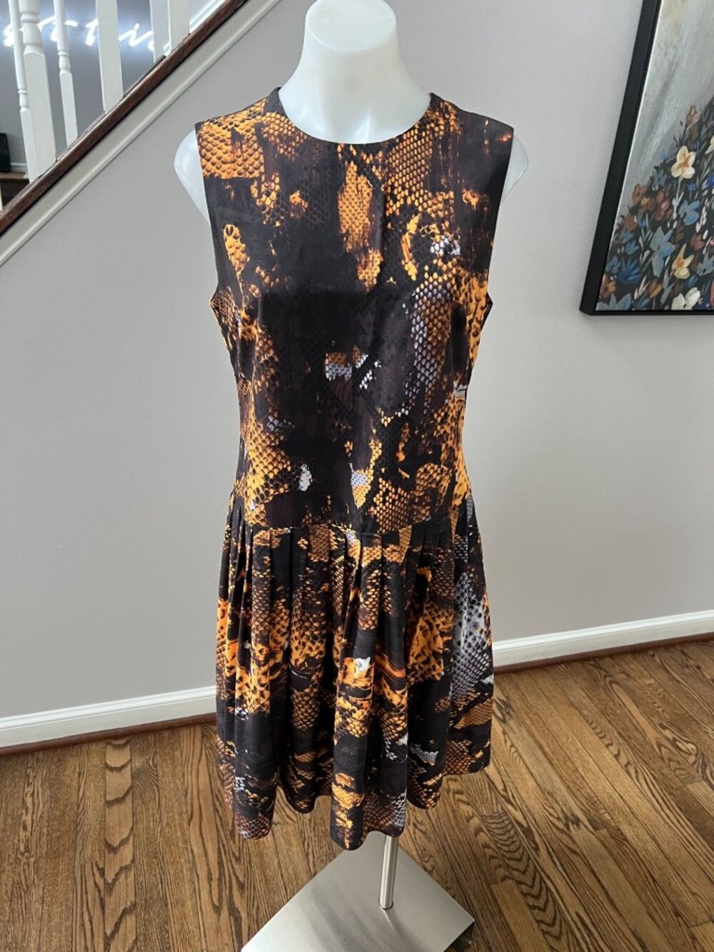McQ Alexander McQueen Sleeveless Pleated Snake Print Dress Size 42 / 8